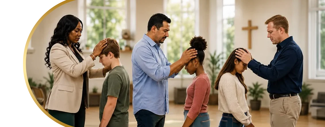 Christian mentors praying over diverse theology students